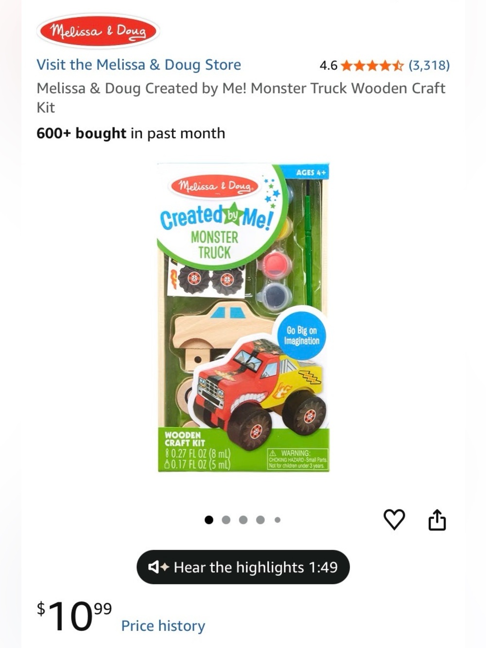 Melissa & Doug Wooden Monster Truck Craft Kit - Red, Yellow, Blue, Natural